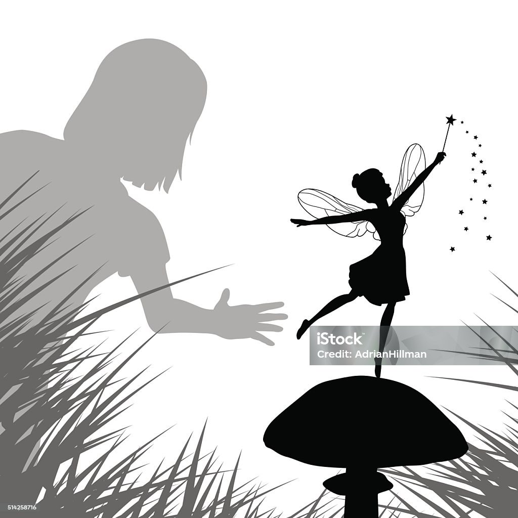 Fairy discovery EPS8 editable vector illustration of a young girl finding a fairy dancing on a mushroom Fairy stock vector