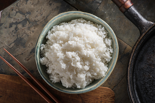 Steamed white rice in a bowl