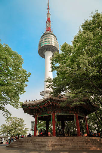 Seoul, South Korea - JUNE 9, 2015: N Seoul Tower garden and pavilion is located on Namsan Mountain in central Seoul. It marks the highest point in Seoul Of South Korea Landmark