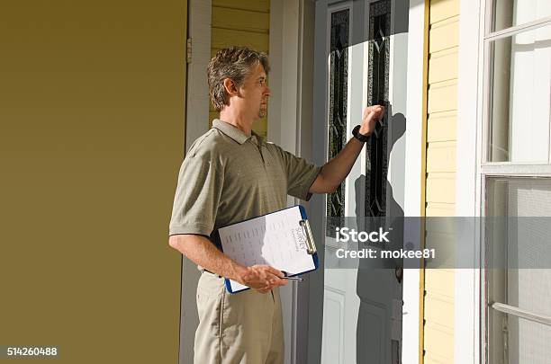 Man Doing Survey Or Petition Work Doortodoor Stock Photo - Download Image Now - Census, Front Door, Political Rally