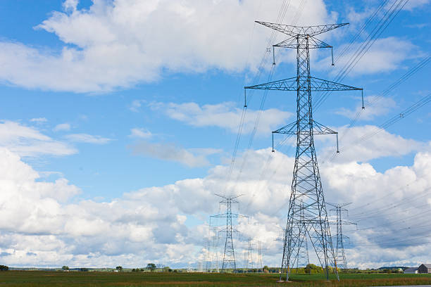 A line of hydro towers reach into the distance, contrasting the rural farmland landscape of Bruce County, Ontario, Canada