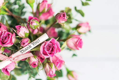 Mother's Day rose bouquet with thank you message shot from above