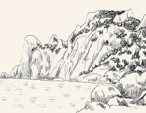 ilustrações, clipart, desenhos animados e ícones de seascape desenho de verão - illustration and painting stone beach cliff