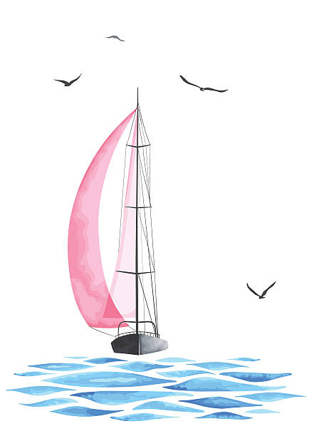 ilustrações de stock, clip art, desenhos animados e ícones de navio com velas e gaivotas feita em vetor - sailboat nautical vessel lake sea