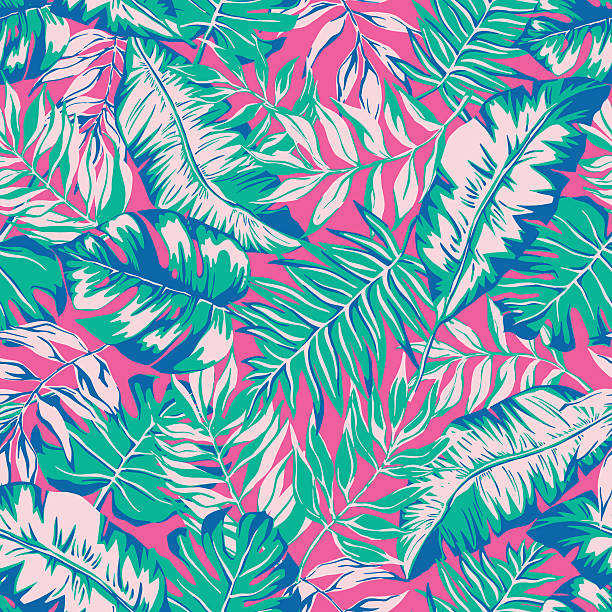 vector seamless bright tropical paradise pattern vector seamless bright colorful tropical paradise pattern, split leaf, philodendron, rain forest nature, summer time holidays, contrast active tropics background print areca palm tree stock illustrations