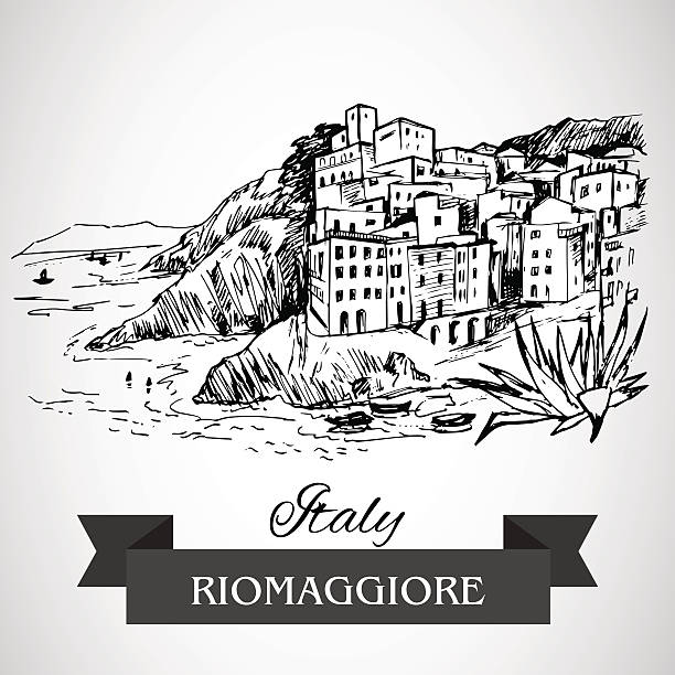 Hand drawn Riomaggiore village Hand drawn Riomaggiore village spezia stock illustrations