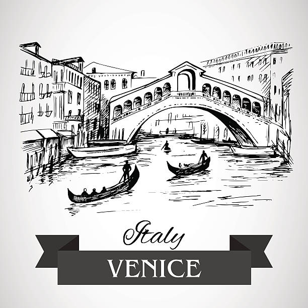 ilustraciones, imágenes clip art, dibujos animados e iconos de stock de rialto bridge, venice - rialto bridge italy venice italy nautical vessel