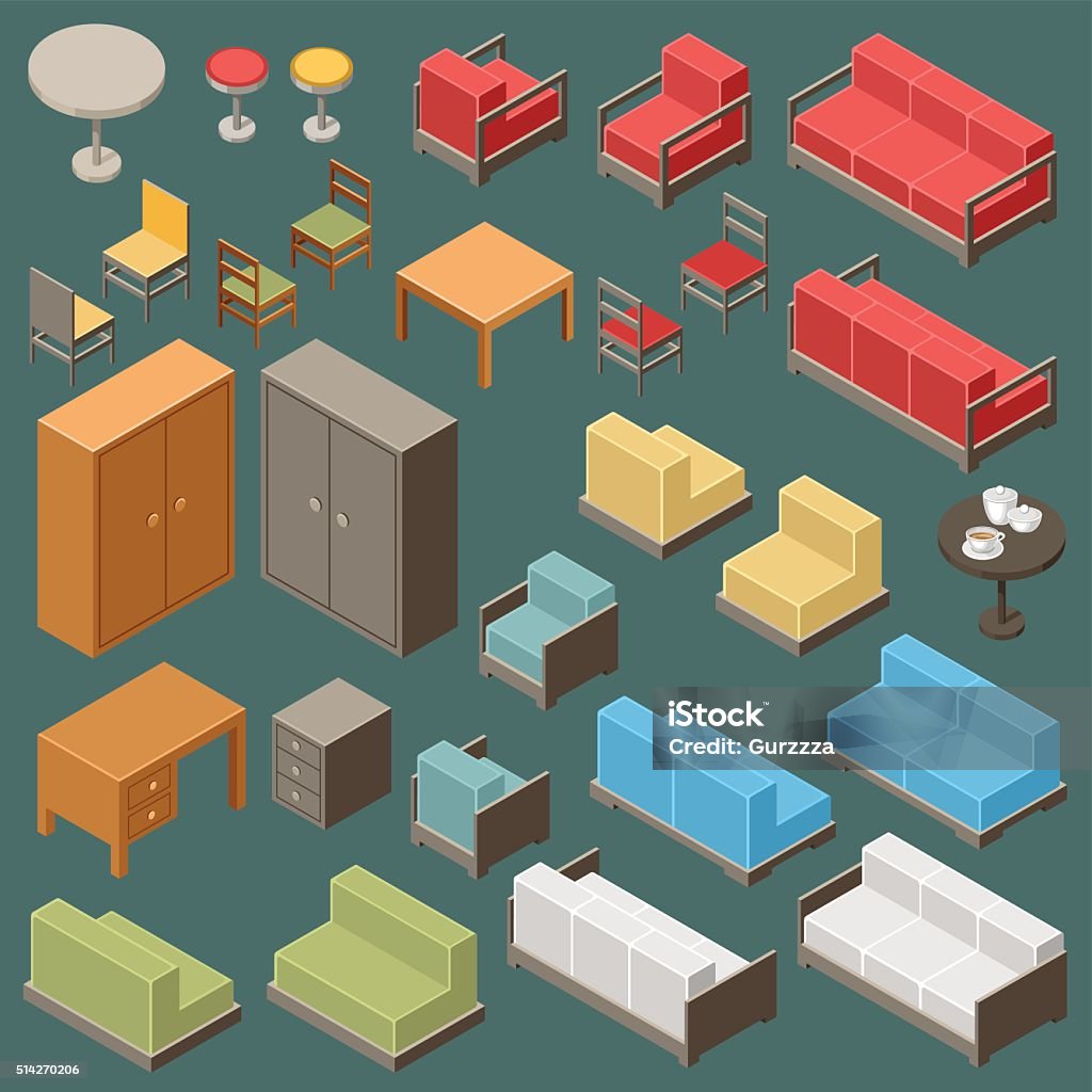 Isometric furniture set Vector set of isometric furniture on the dark background Architecture stock vector