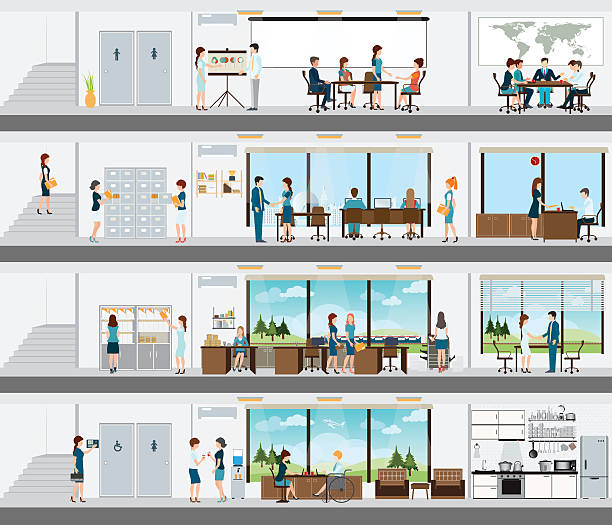 People in the interior of the building. People in the interior of the building, Interior office building, office interior people, room office desk, office space, meeting room,  conference room vector illustration. flooring illustrations stock illustrations