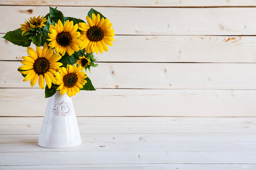 Sunflowers in a vase on rustic, gray background