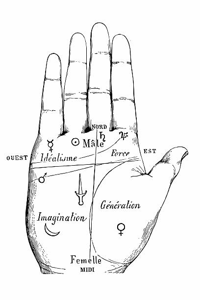 Chiromancy Chart of a Palm Hand palm-reading palmistry chiromancy diagram forecasting illustrations stock illustrations