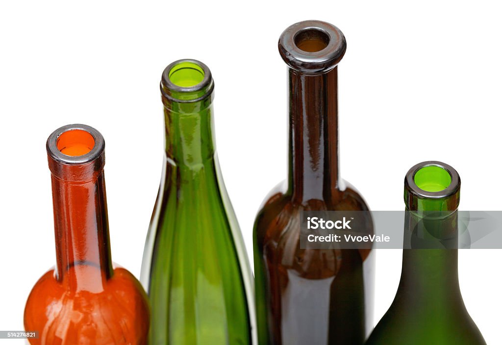 open bottlenecks of few colored wine bottles open bottlenecks of few colored wine bottles isolated on white background Bottle Stock Photo