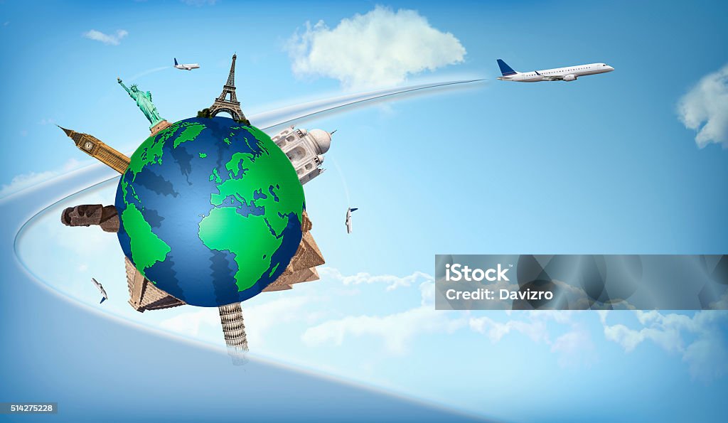 Travel around the world concept airplane illustration Concept of travel around the world with representation of the globe and monuments around. Horizontal composition. Travel Stock Photo