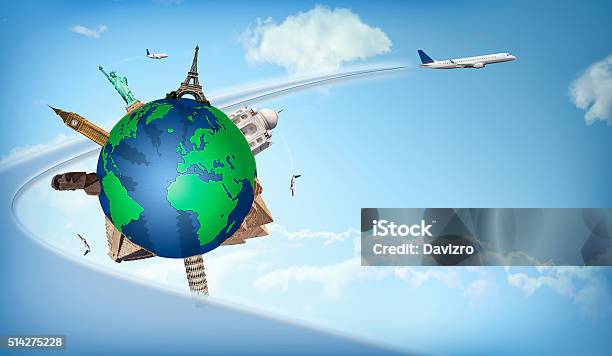 Travel Around The World Concept Airplane Illustration Stock Photo - Download Image Now