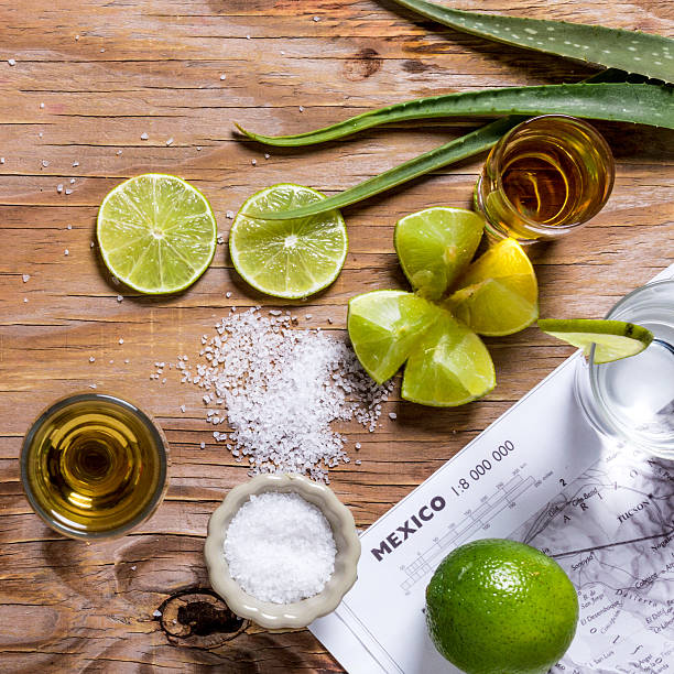 Party concept with tequila, guacamole and chips