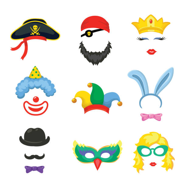 Photo booth Birthday and Party Set - glasses, hats, crown, Photobooth Birthday and Party Set - glasses, hats, crowns, masks, lips, mustaches and clown fool photos stock illustrations