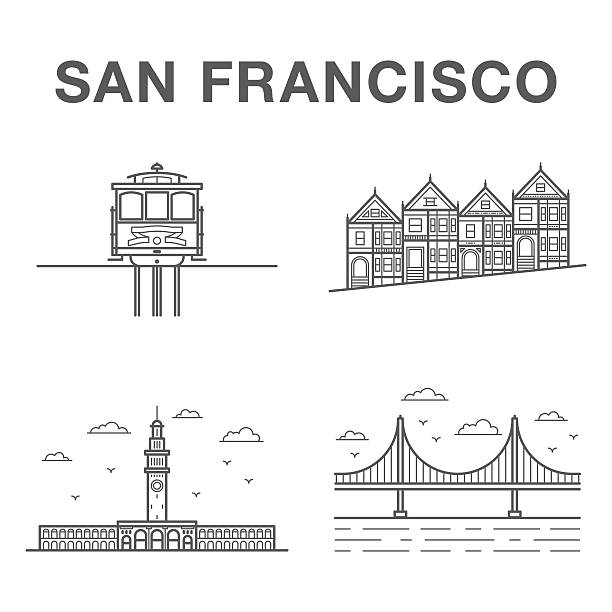 ilustrações, clipart, desenhos animados e ícones de grande grupo de mundialmente famosos pontos de referência da cidade de san francisco - california golden gate bridge san francisco bay area san francisco bay