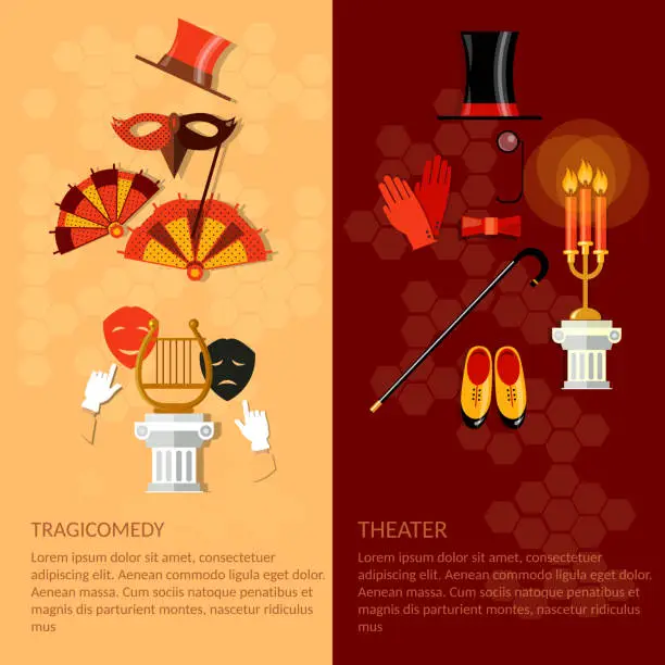 Vector illustration of Theatre flat banner set with actors dramaturgy performance