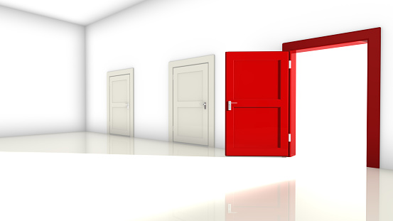 A room with two white closed doors and one red on the right open with a bright light shining in 3d render opportunity concept