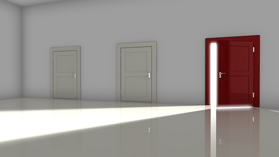 A dark room with two white closed doors and one red on the right open with a glowing light shining in 3d render opportunity concept