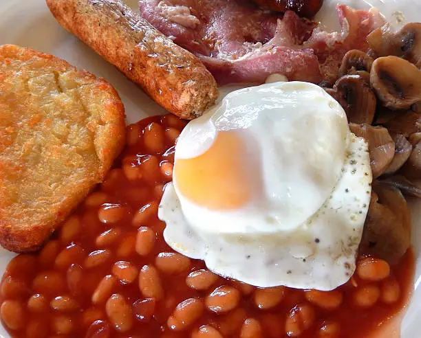 Photo showing a greasy fried breakfast - a 'Full English' fry up, complete with sausages, rashers of bacon, hash browns, a fried egg, fried sliced mushrooms (button mushrooms) and baked beans.