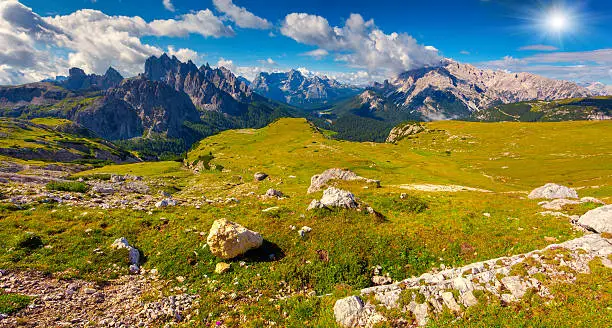 Great view of the Cadini di Misurina range, Cristallo and Sorapis group in National Park Tre Cime di Lavaredo. Dolomites, South Tyrol. Location Auronzo, Italy, Europe.