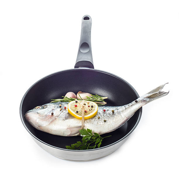 istock Gilt-head sea bream fish on a pan isolated 514299071