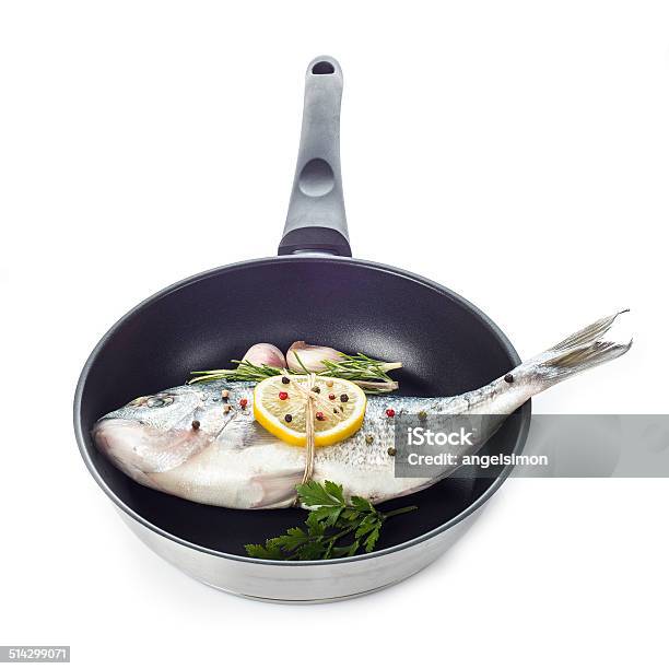 Gilthead Sea Bream Fish On A Pan Isolated Stock Photo - Download Image Now - Cooking Pan, Fish, Animal