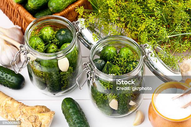 Homemade Pickles In Brine With Garlic Dill And Horseradish Stock Photo - Download Image Now