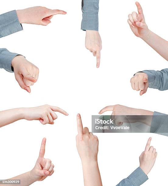 Set Of Female Pressing Forefinger Hand Gesture Stock Photo - Download Image Now - White Background, Front View, Men