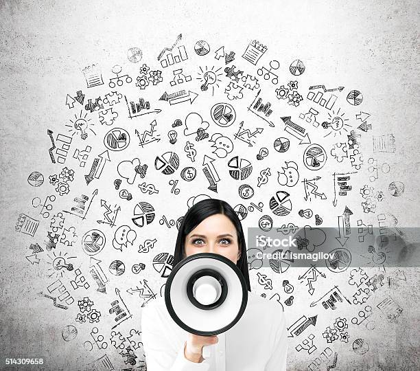 Woman With Loudspeaker Stock Photo - Download Image Now - Megaphone, The Media, Ideas