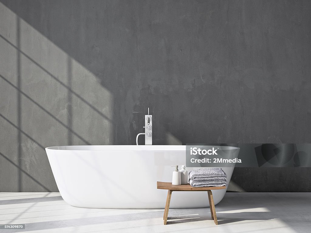 Modern grey bathroom with bathtub. 3d rendering Modern grey bathroom. Spa interior. 3d rendering Domestic Bathroom Stock Photo