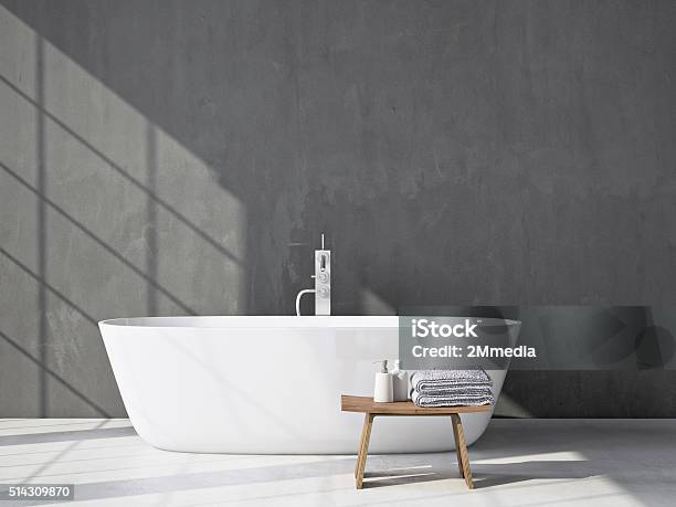 Modern Grey Bathroom With Bathtub 3d Rendering Stock Photo - Download Image Now - Domestic Bathroom, Bathtub, Modern