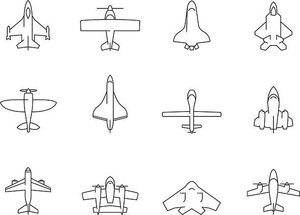 Outline Icons - Airplanes Airplane silhouette icons in thin outlines.- airplanes, aviations supersonic airplane stock illustrations