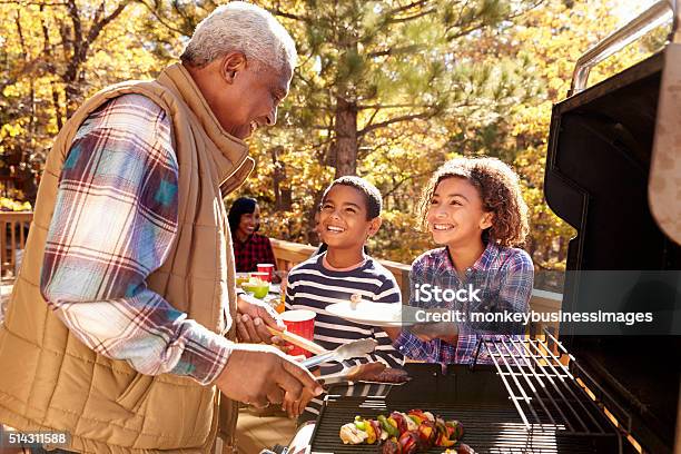 Grandparents With Children Enjoying Outdoor Barbecue Stock Photo - Download Image Now