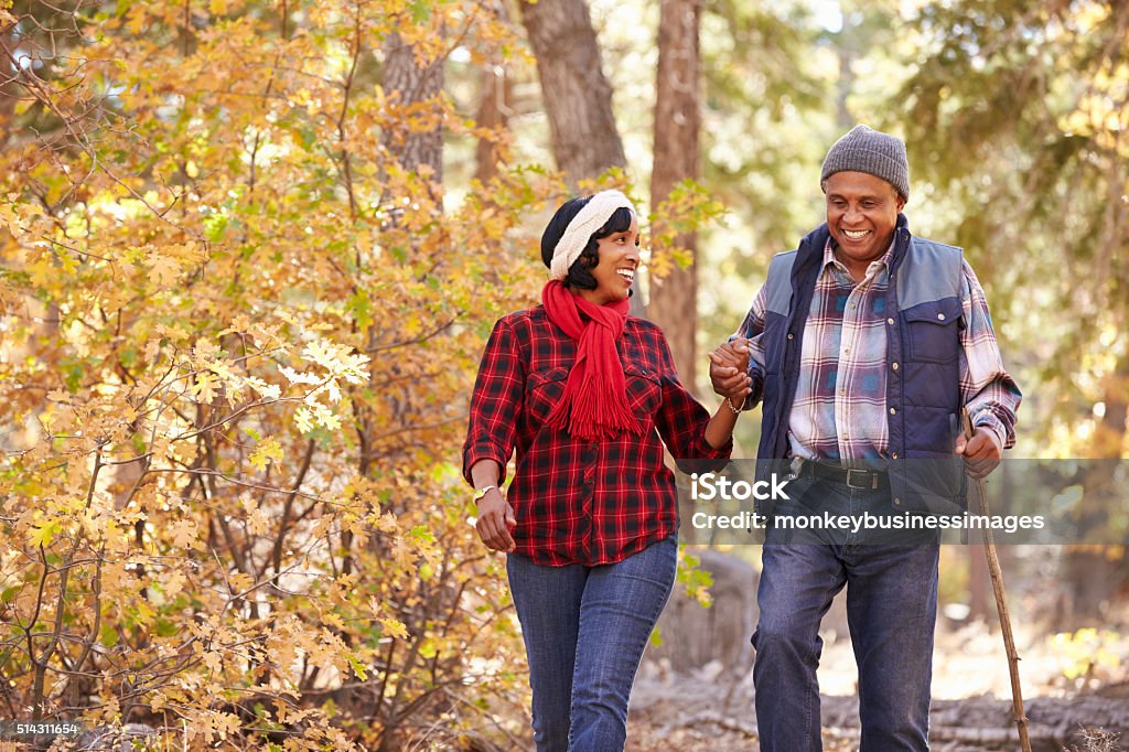 Africano-americanos sênior casal andando em uma floresta de outono nos EUA - Foto de stock de Outono royalty-free