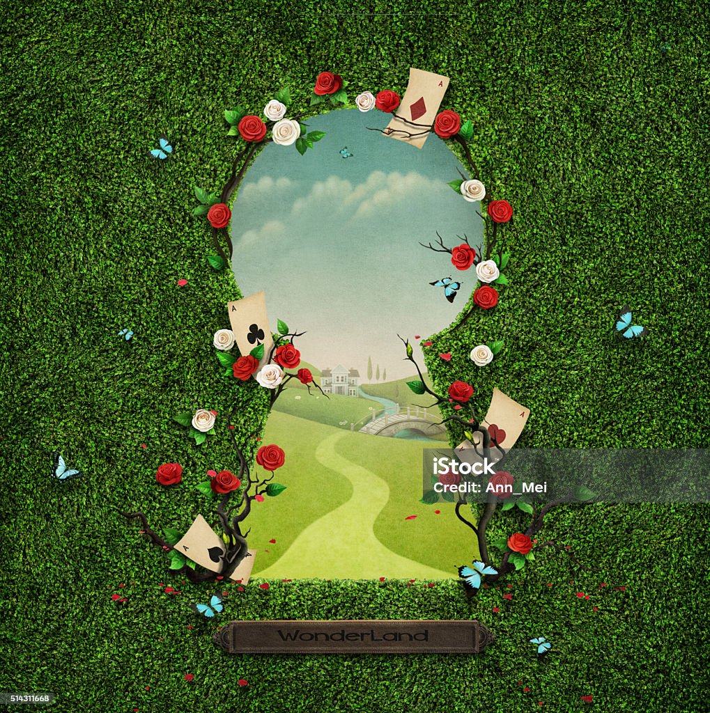 Keyhole Beautiful green background with roses and cards in keyhole. Computer graphics. Alice in Wonderland - Fictional Character stock illustration