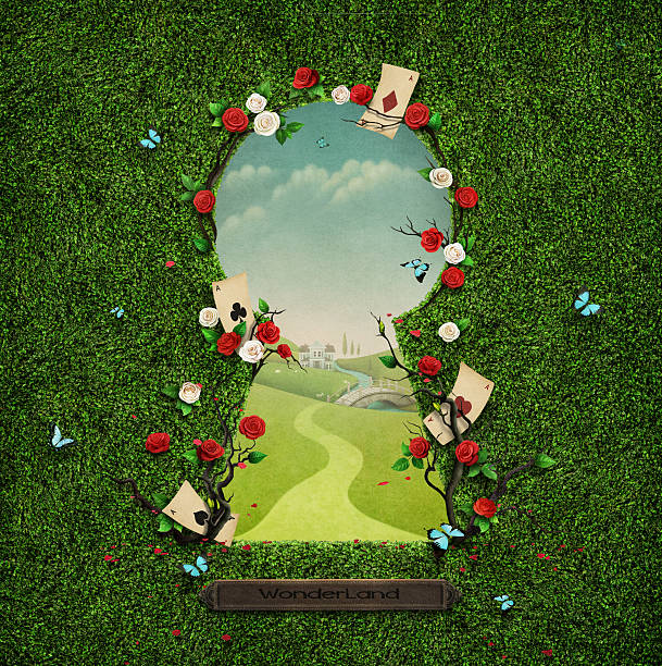 Keyhole Beautiful green background with roses and cards in keyhole. Computer graphics. image montage illustrations stock illustrations