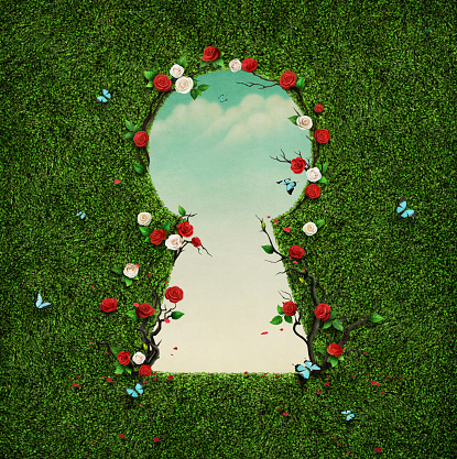 Beautiful green background with roses in keyhole. Computer graphics.