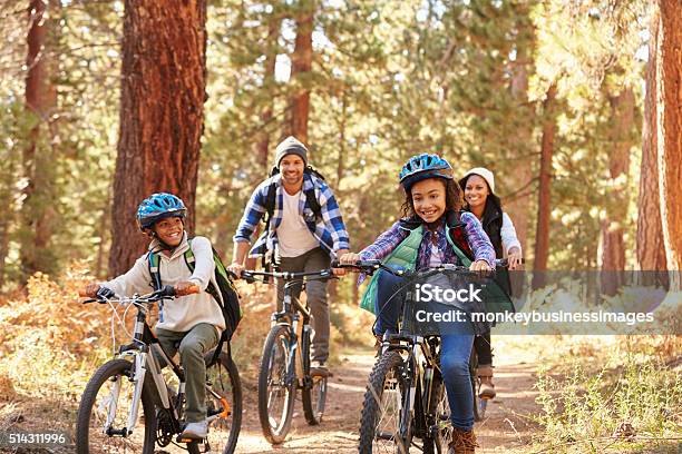 African American Family Cycling Through Fall Woodland Stock Photo - Download Image Now
