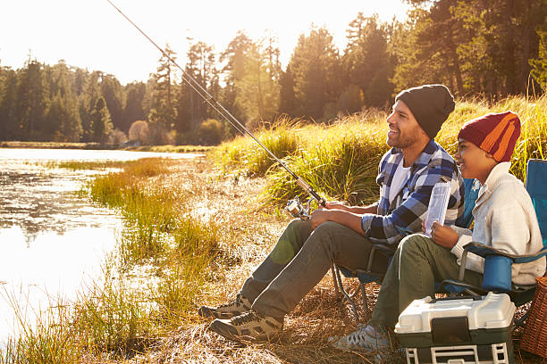 istock Father Teaching Son To Fish By Lake 514312618