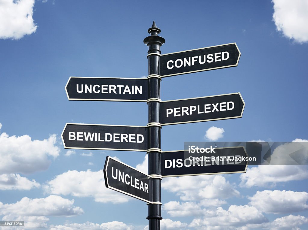 Confusion Crossroad signpost saying confused, uncertain, perplexed, bewildered, disoriented, unclear concept for lost, confusion or decisions Confusion Stock Photo