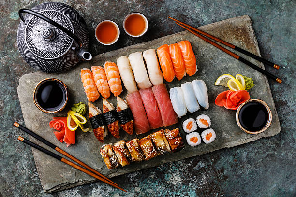 istock Sushi Set nigiri and sushi rolls with tea 514313822
