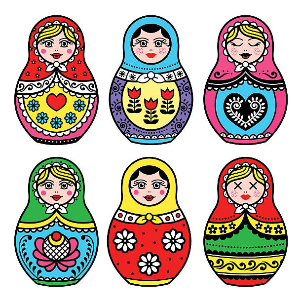 ilustrações de stock, clip art, desenhos animados e ícones de matryoshka, conjunto de ícones de boneca russa - russian nesting doll doll russia decoration