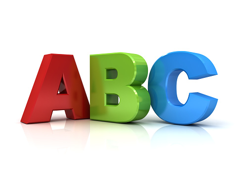 3d abc letters isolated over white background with reflection.