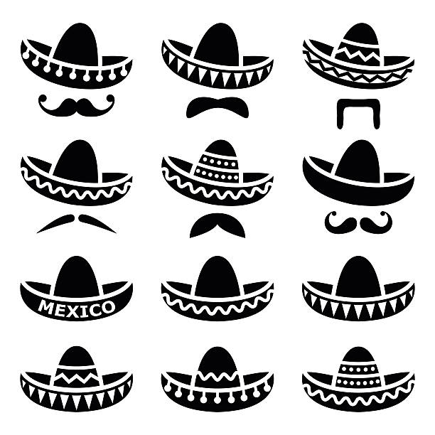 мексиканские сомбреро шляпа и усы, усы иконы - поле шляпы stock illustrations