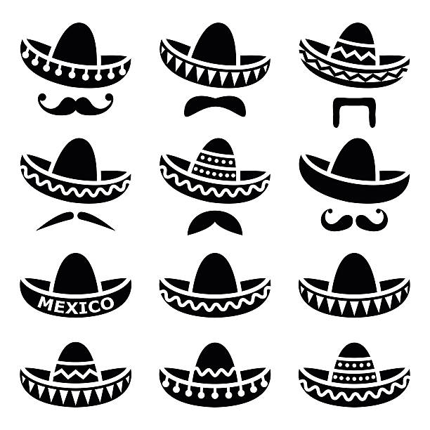 Mexican Sombrero hat with moustache or mustache icons Vector black icons set of Sombrero isolated on white  sombrero stock illustrations