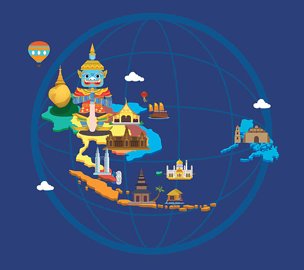 asean Asean map and tourist attractions with tablet. singapore landmarks stock illustrations