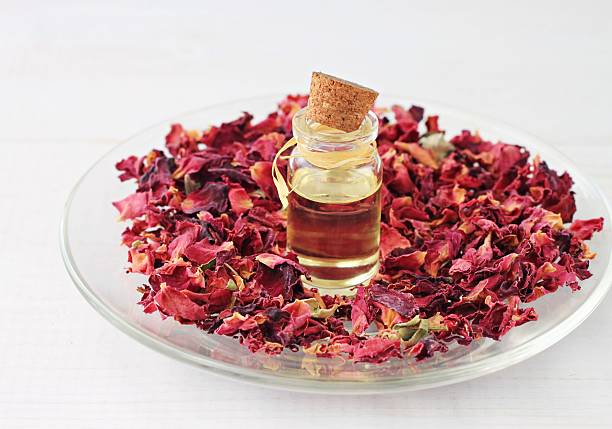 Aroma rose oil Bottle of essential aroma rose oil, dried rose flower petals.  scent container stock pictures, royalty-free photos & images