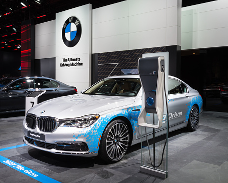 Detroit, MI, USA - January 12, 2016: BMW 740e xDrive car at the North American International Auto Show (NAIAS), one of the most influential car shows in the world each year.